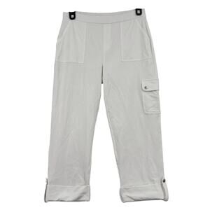 Susan Graver Cargo Crop Pants Size M White Premium Stretch Pull On Cuffed